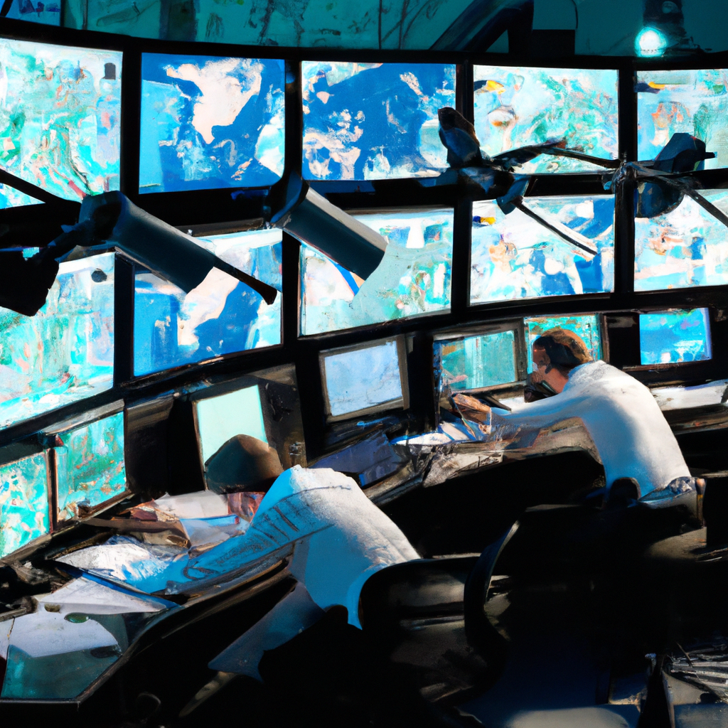 Team verifying news with multiple monitors and geolocation maps